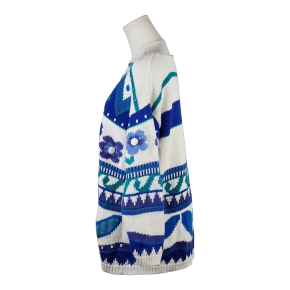 Vintage Worthington 80s Floral Knit Sweater L Bold Blue Geometric Pullover - Picture 3 of 7